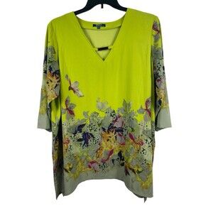 Kelly Clinton Lightweight Bright Yellow Green Floral 3/4 Sleeve Pullover Top 24